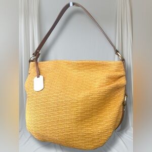 Furla Woven Straw Hobo Shoulder Bag Tan Brown Leather Trim Italy